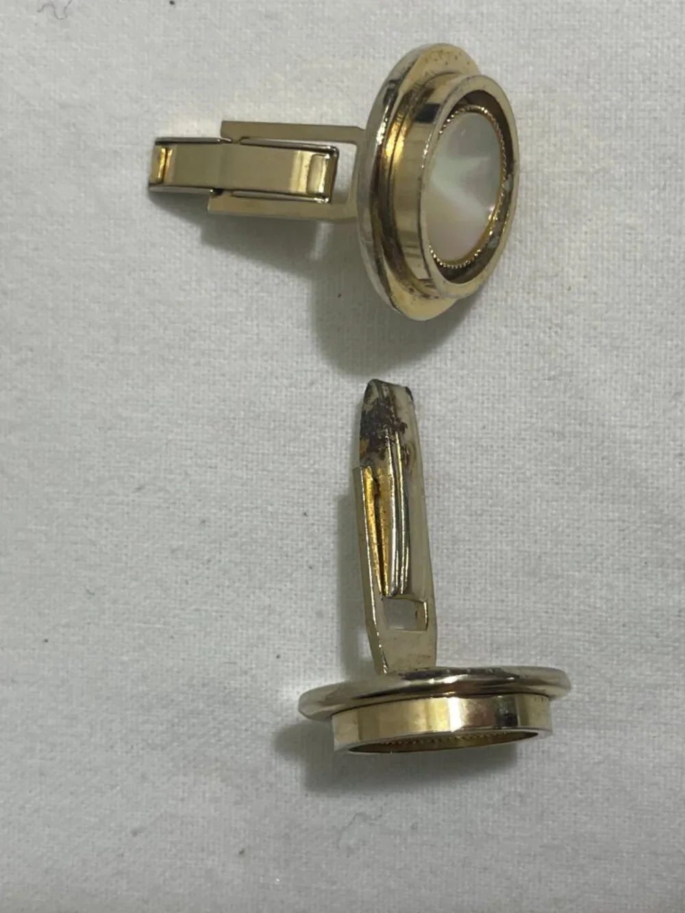 Vintage Gold Tone Mother of Pearl Round Cuff Links Pair Men's Dress Formal